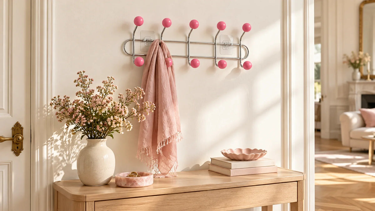 Crochets à boules roses au-dessus d’une console en bois clair