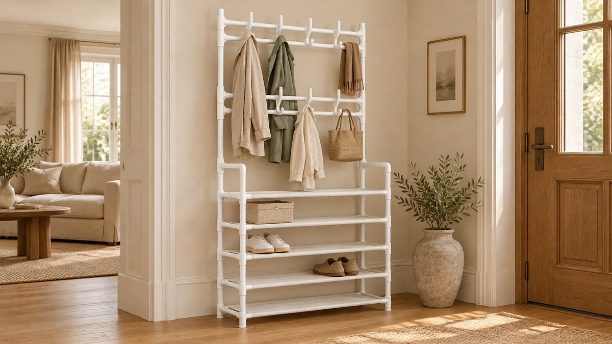 Entrée familiale avec porte-manteau blanc et rangement à cinq niveaux pour chaussures