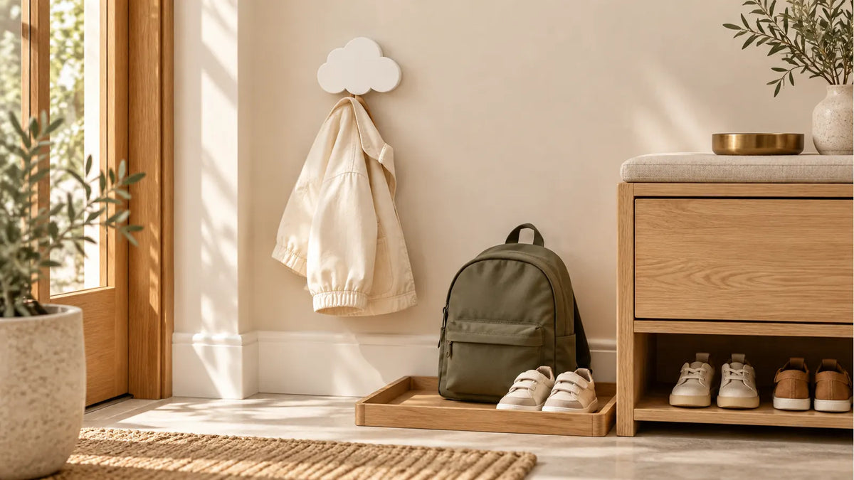 Entrée beige organisée pour l’école avec patère nuage, veste légère et cartable posé au sol