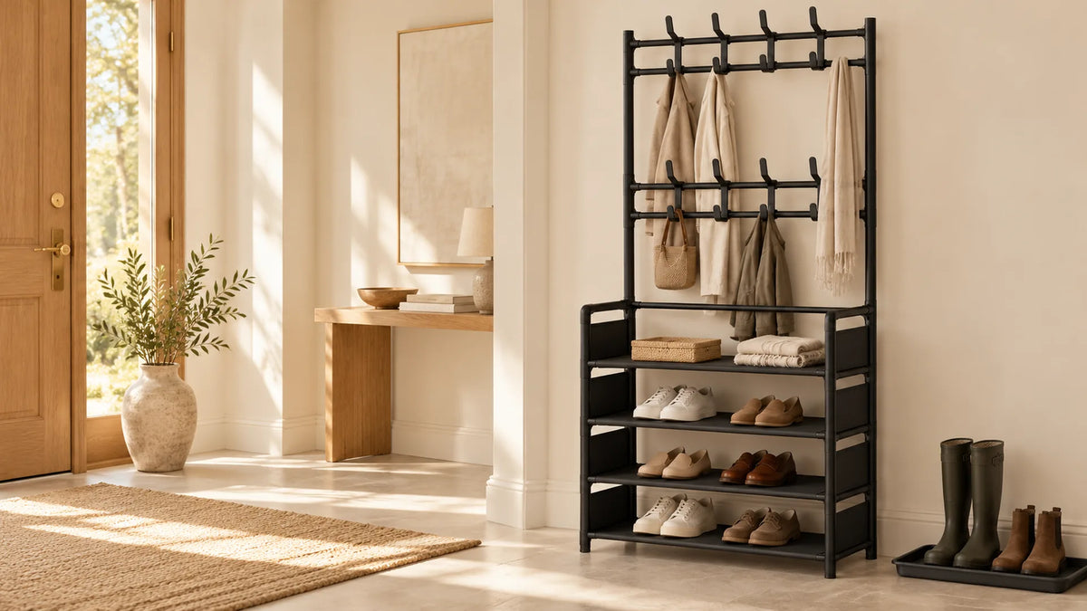 Entrée avec porte-manteau noir, affaires sèches et bottes dans un plateau séparé
