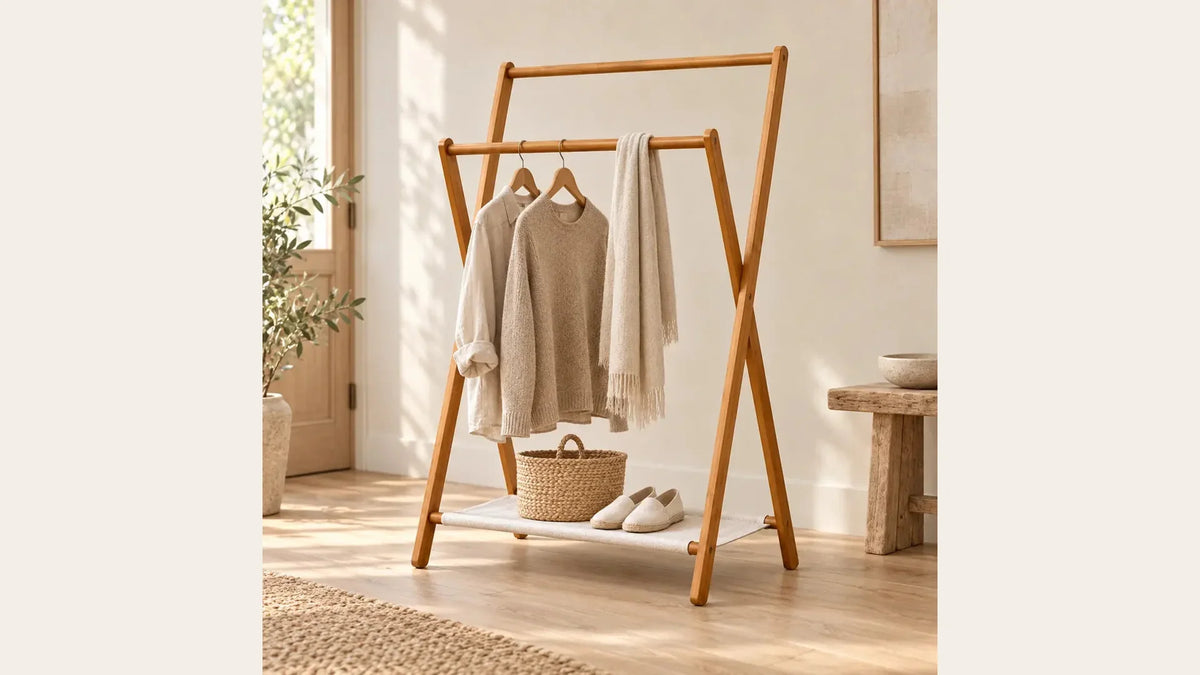 Photo du portant bambou 79 × 44 × 114 cm : vérifier la longueur des vêtements sous la barre.