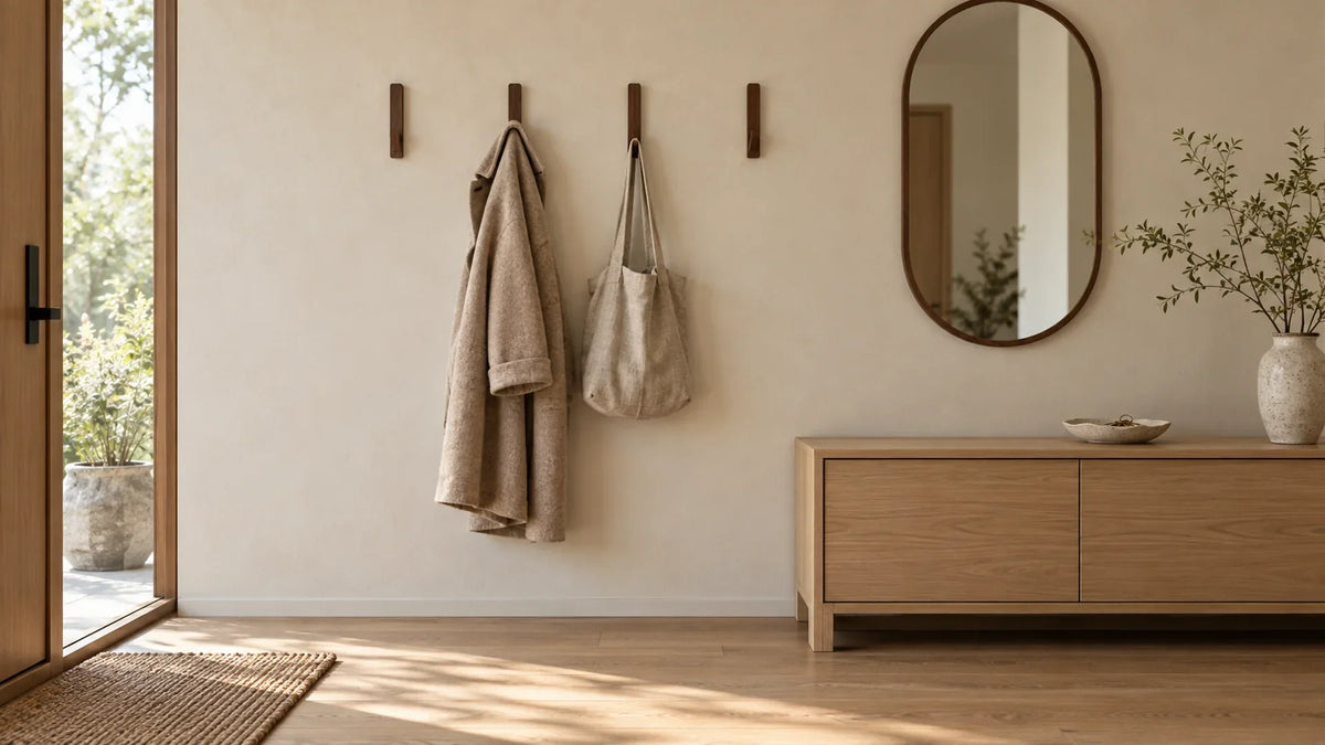 Illustration décorative : entrée sobre avec accroches en bois