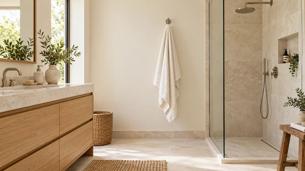 Illustration de patère dans une salle de bain avec serviette suspendue et sol dégagé Image