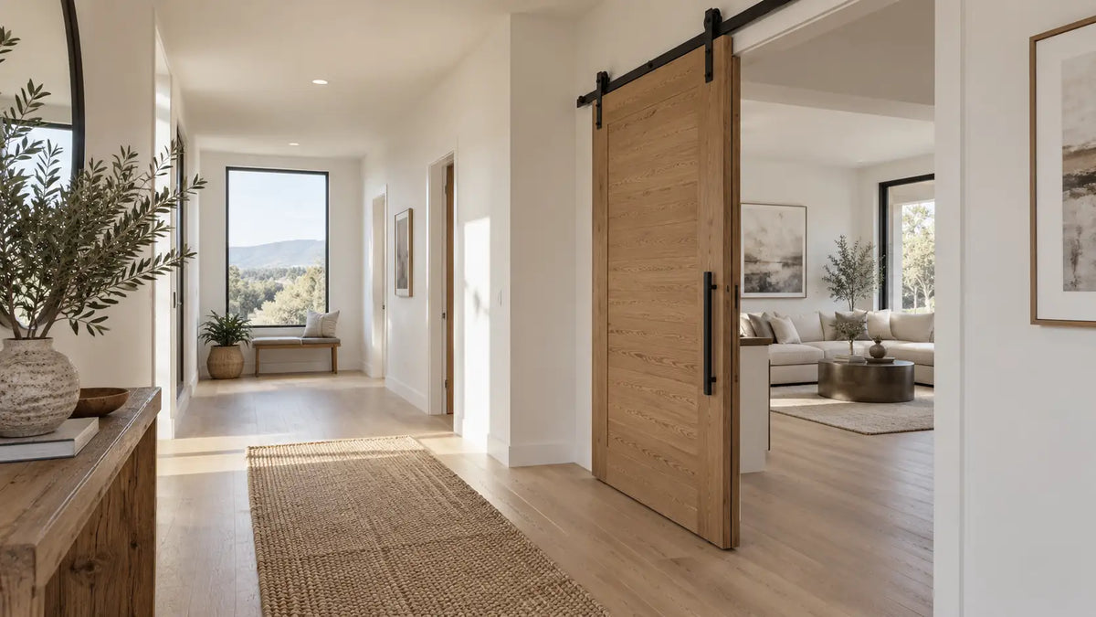 Couloir d'entrée avec porte coulissante en bois et rail visible, intérieur contemporain Image