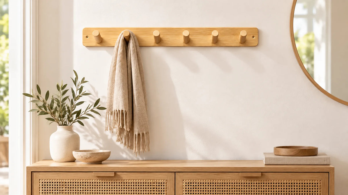 Porte-manteau en bambou à six crochets sur un mur clair