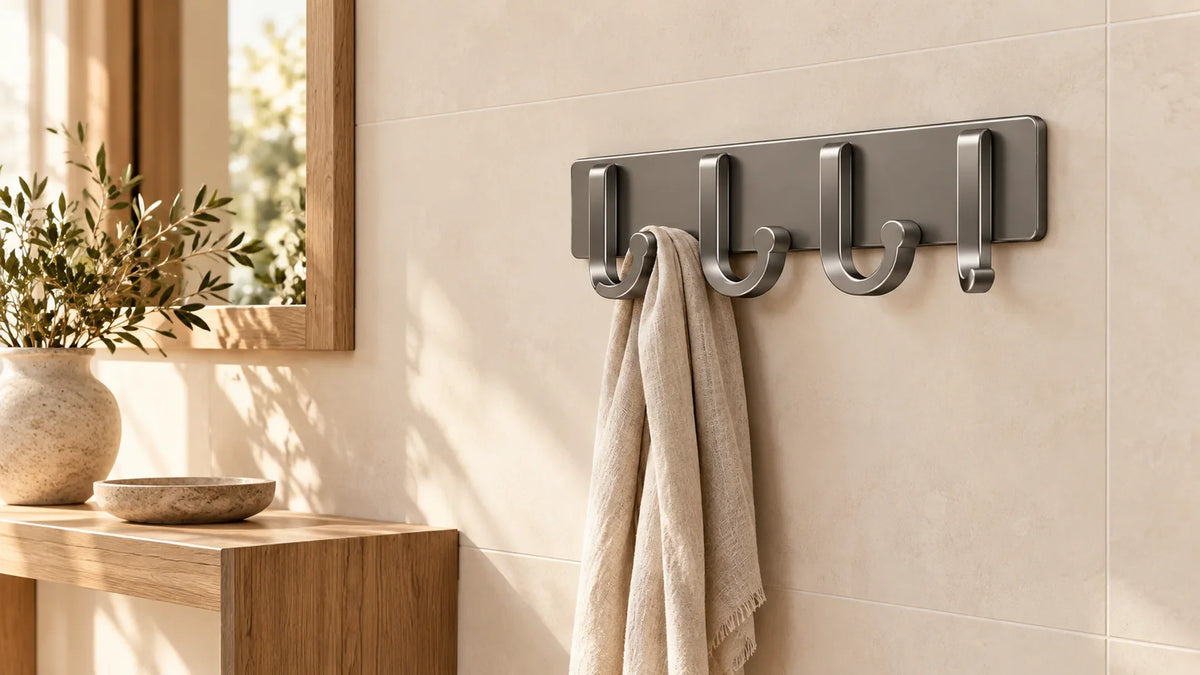 Porte-manteau gris à quatre crochets sur un mur carrelé lisse, avec une écharpe