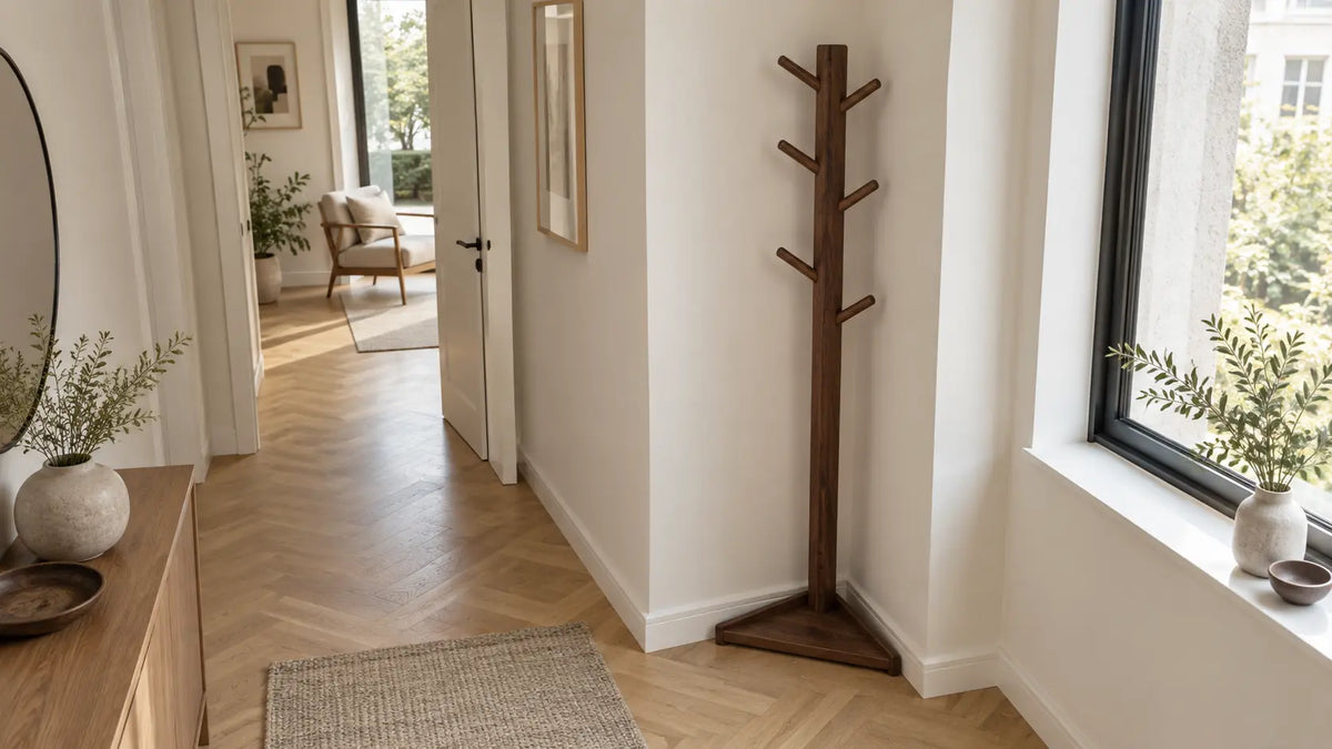 Porte-manteau d'angle en bois massif dans un couloir d'entree etroit, lumiere naturelle Image