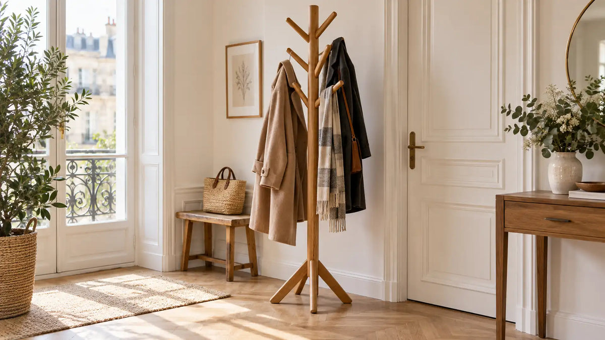 Porte-manteau arbre en bois dans une entree d'appartement parisien, manteaux suspendus, lumiere naturelle Image