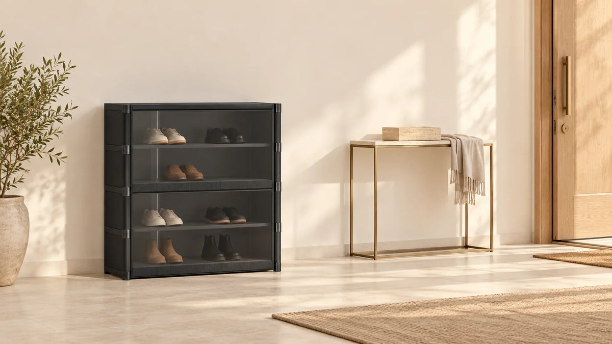 Entrée claire avec meuble à chaussures noir à portes transparentes et console séparée