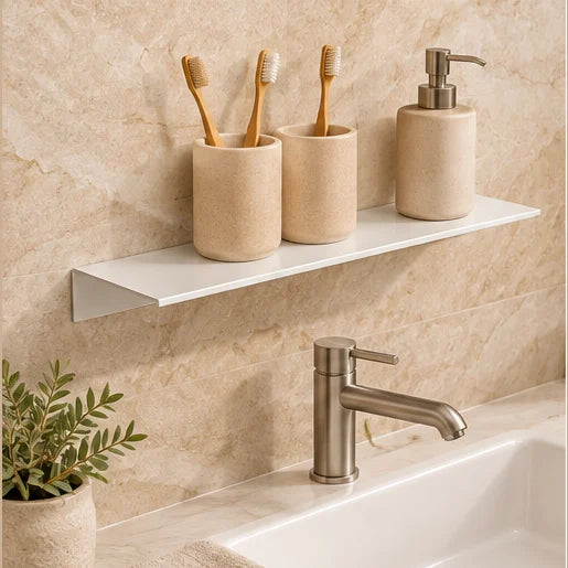 Étagère salle de bain aluminium blanche 40 cm : illustration près du lavabo