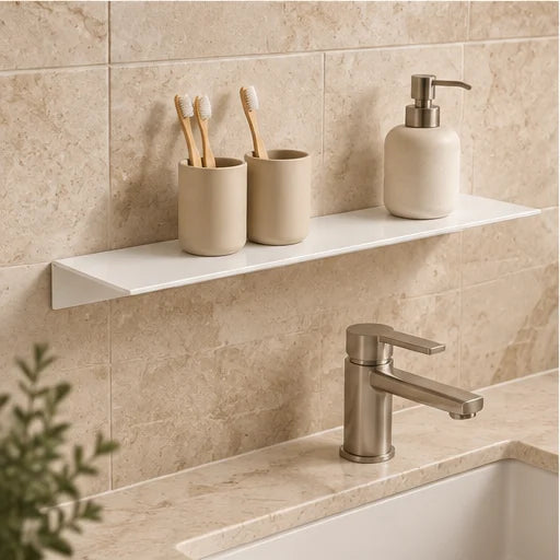 Étagère salle de bain aluminium blanche 50 cm : illustration près du lavabo