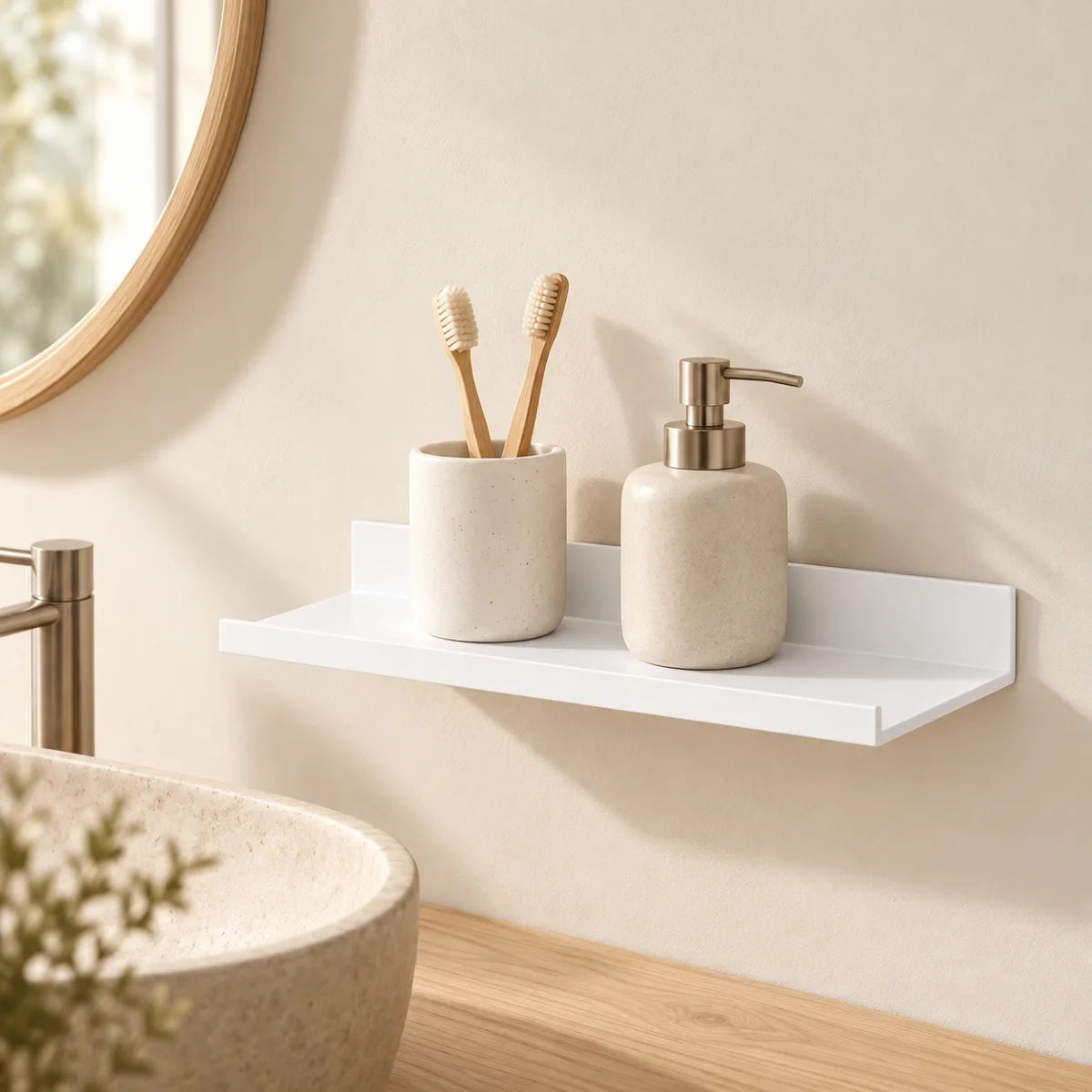 Étagère salle de bain avec rebord blanche 30 cm : mise en scène dans une salle de bain, accessoires non inclus Image