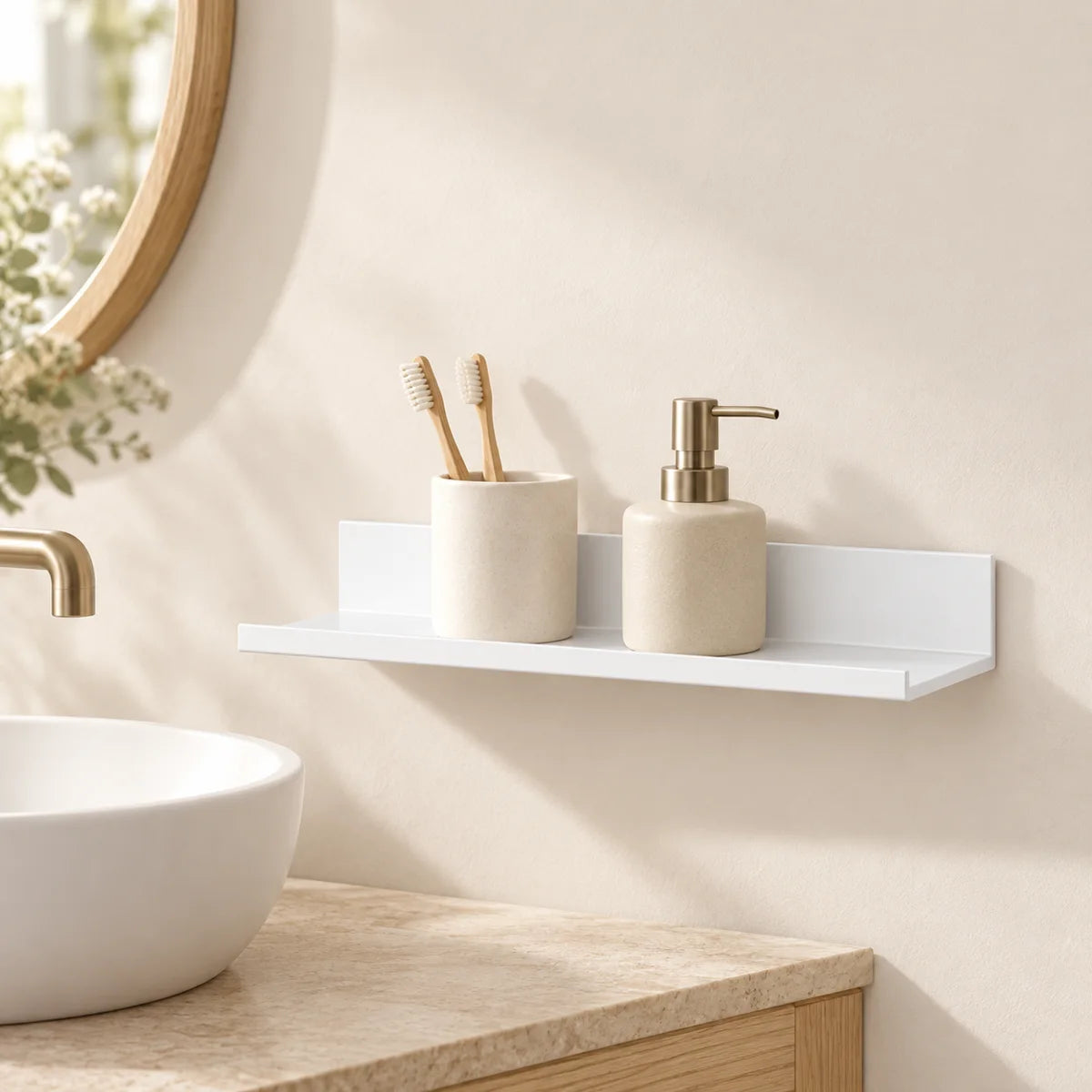 Étagère salle de bain avec rebord blanche 40 cm : mise en scène dans une salle de bain, accessoires non inclus