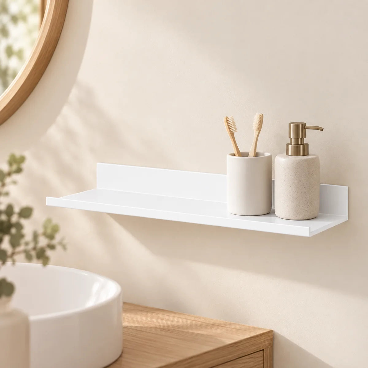 Étagère salle de bain avec rebord blanche 50 cm : mise en scène dans une salle de bain, accessoires non inclus