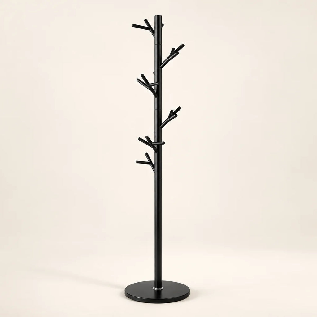 Porte-manteau moderne noir base plastique 175 cm : vue de trois-quarts depuis la gauche