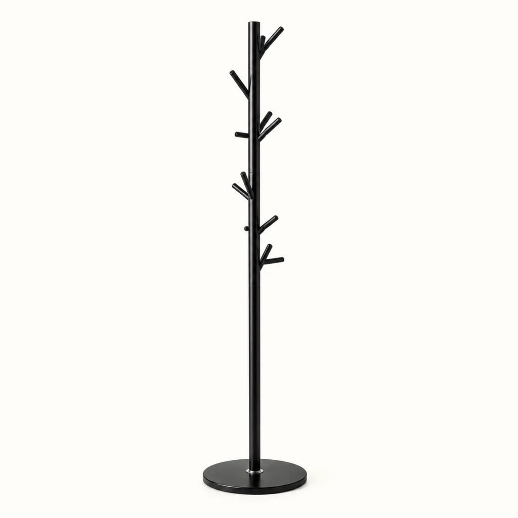 Porte-manteau moderne noir base plastique 175 cm : vue de profil du modèle complet
