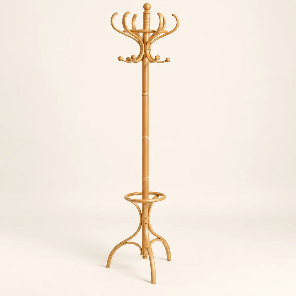 Porte-manteau perroquet bois clair 182 cm : vue de trois-quarts depuis la gauche