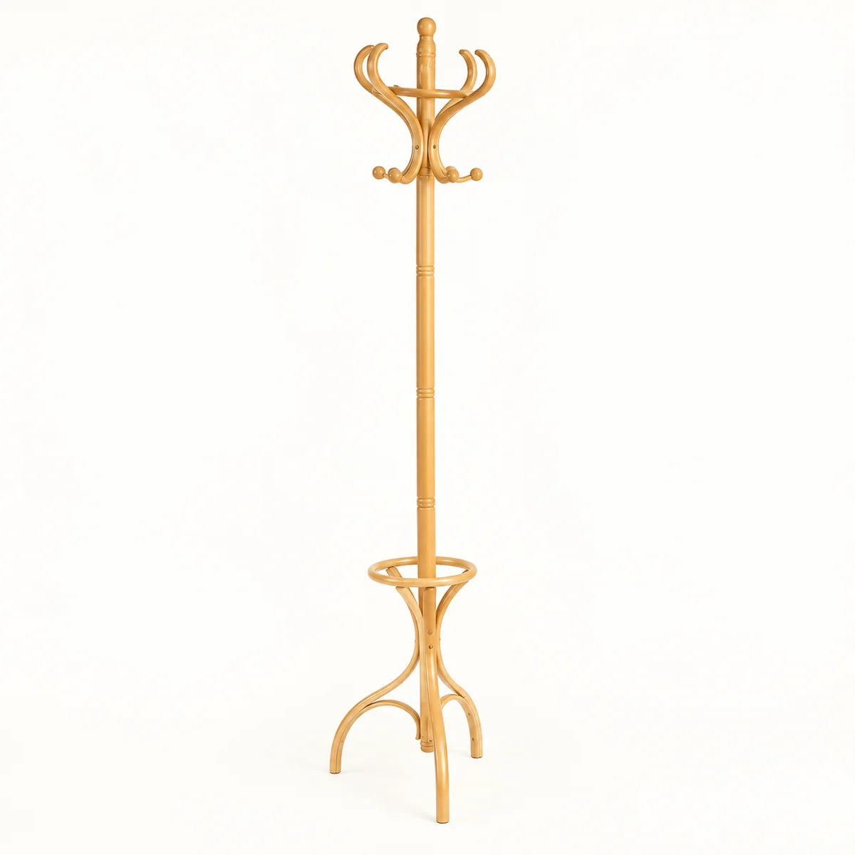 Porte-manteau perroquet bois clair 182 cm : vue de profil du modèle complet