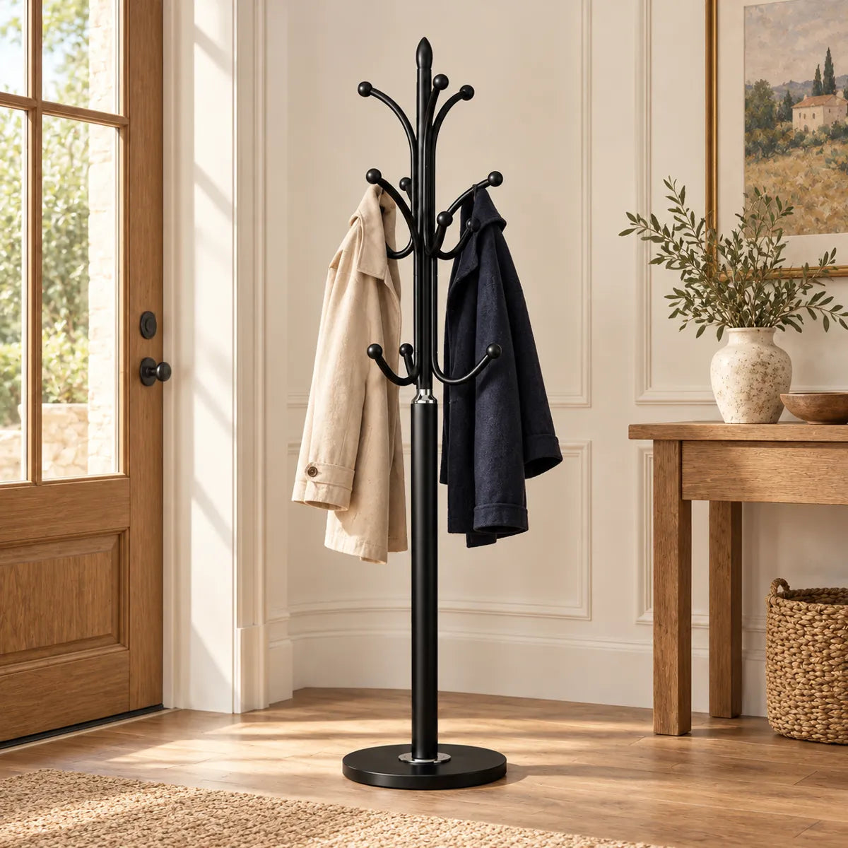 Porte-manteau moderne noir base marbre 180 cm : mise en situation avec deux manteaux suspendus, accessoires non inclus