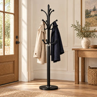 Porte-manteau moderne noir base marbre 180 cm : mise en situation avec deux manteaux suspendus, accessoires non inclus