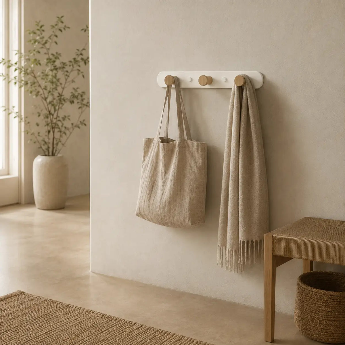 porte-manteau bois mural lifestyle entrée appartement blanc