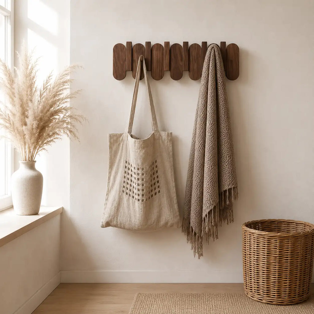 Porte-manteau mural noyer dans une entrée scandinave minimaliste