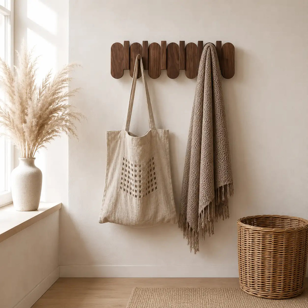 Porte-manteau mural noyer dans une entrée scandinave minimaliste Image