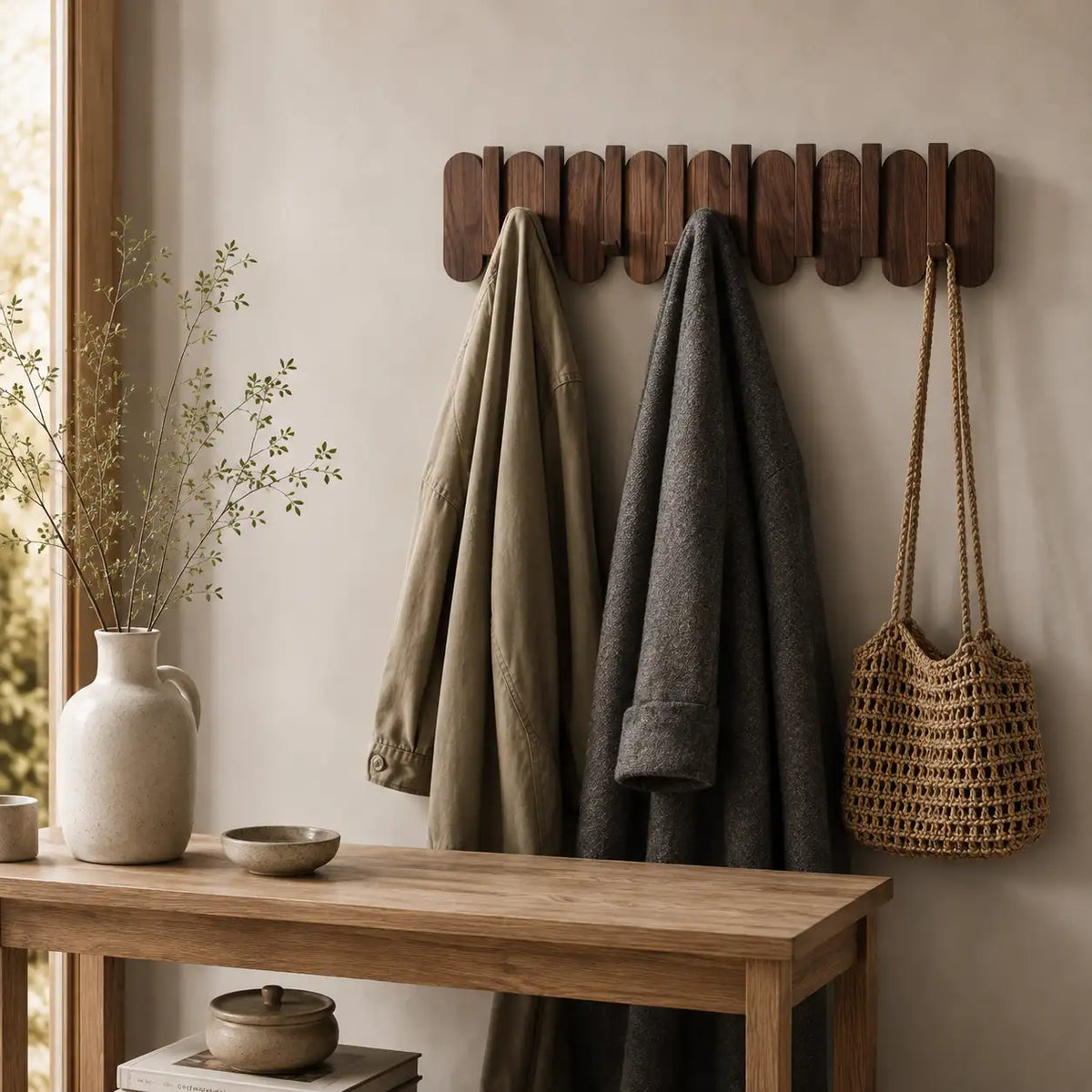 Porte-manteau bois noyer mural lifestyle, ambiance Japandi naturelle