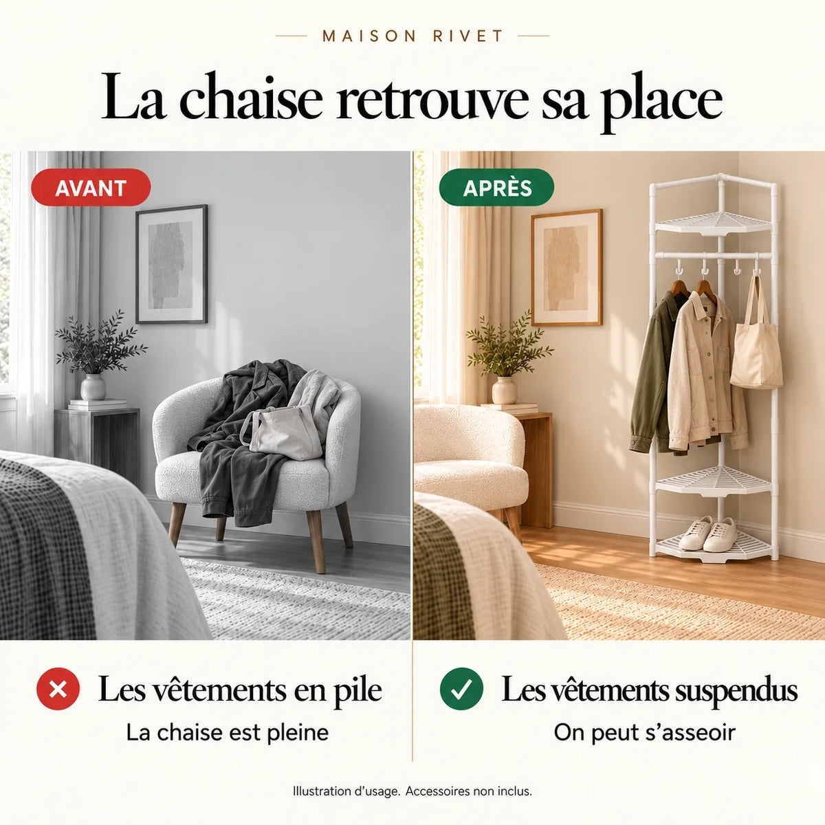 Avant et après illustratif : chaise occupée puis vêtements suspendus au meuble d’angle blanc