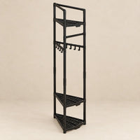 Vue de profil du porte-manteau d’angle noir et de la profondeur de ses tablettes
