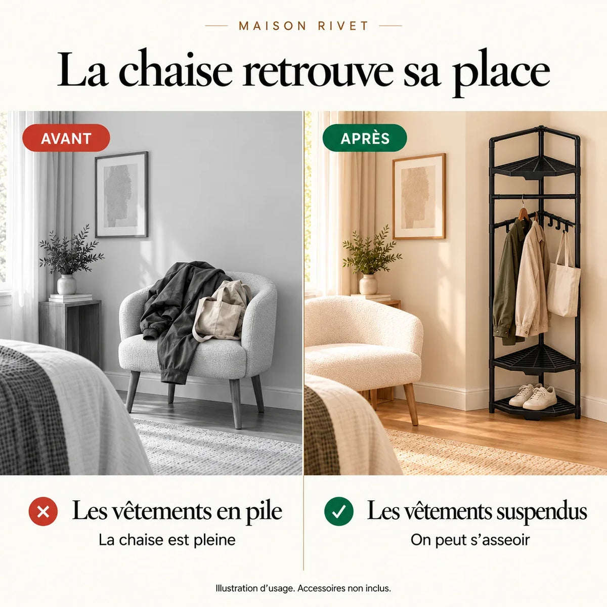 Avant et après illustratif : chaise occupée puis vêtements suspendus au meuble d’angle noir