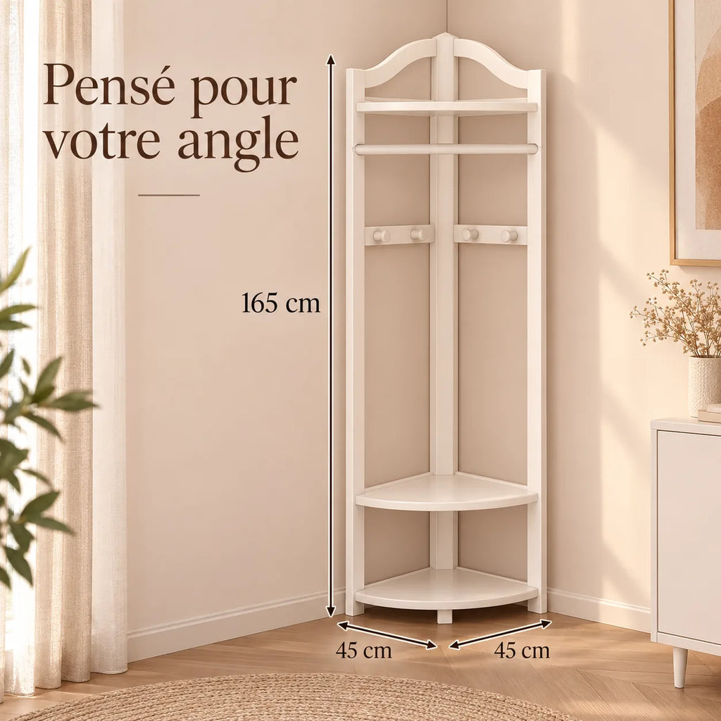 Porte-manteau d'angle blanc taille L, 45 × 45 cm, 6 crochets : avec dimensions 165 cm de haut et 45 × 45 cm au sol