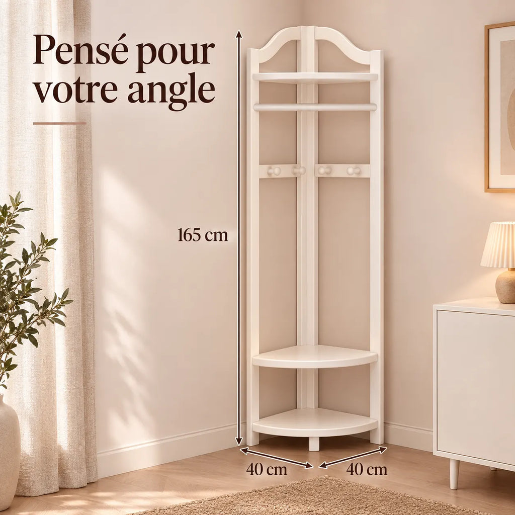 Porte-manteau d'angle blanc taille M, 40 × 40 cm, 6 crochets : avec dimensions 165 cm de haut et 40 × 40 cm au sol