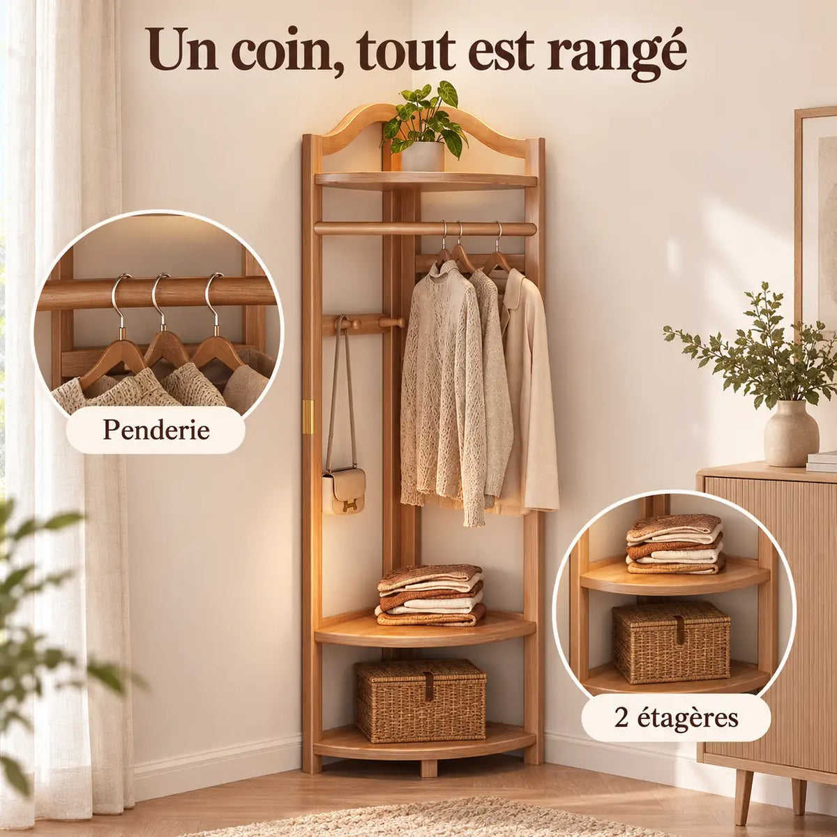 Porte-manteau d'angle bois naturel taille L, 45 × 45 cm, 6 crochets : avec détails de la penderie et des deux étagères