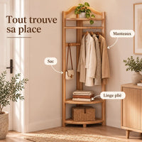 Porte-manteau d'angle bois naturel taille L, 45 × 45 cm, 6 crochets : avec manteaux, sac et linge plié