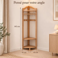 Porte-manteau d'angle bois naturel taille L, 45 × 45 cm, 6 crochets : avec dimensions 165 cm de haut et 45 × 45 cm au sol