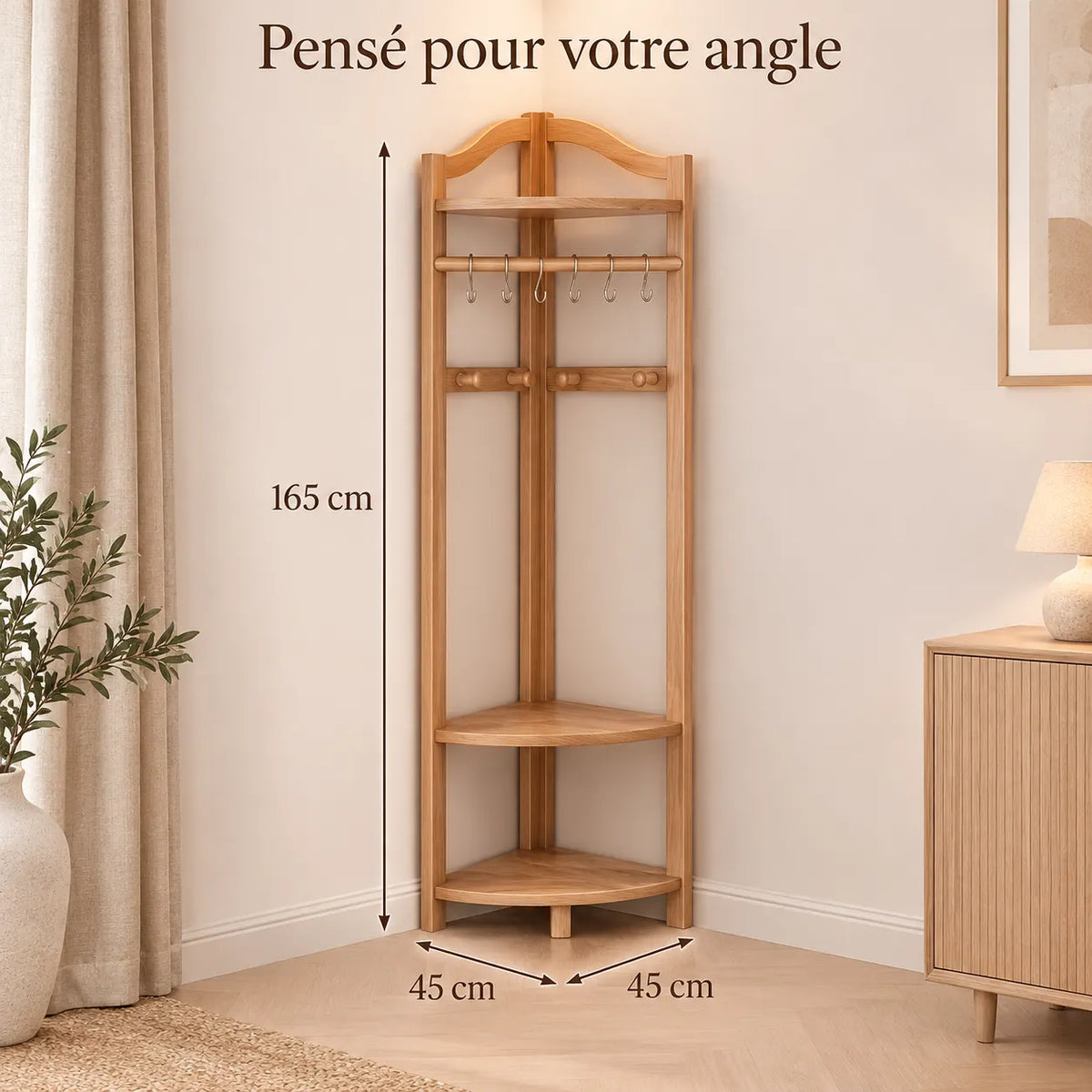 Porte-manteau d'angle bois naturel taille L, 45 × 45 cm, 6 crochets : avec dimensions 165 cm de haut et 45 × 45 cm au sol