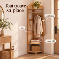 Porte-manteau d'angle bois naturel taille M, 40 × 40 cm, 6 crochets : avec manteaux, sac et linge plié