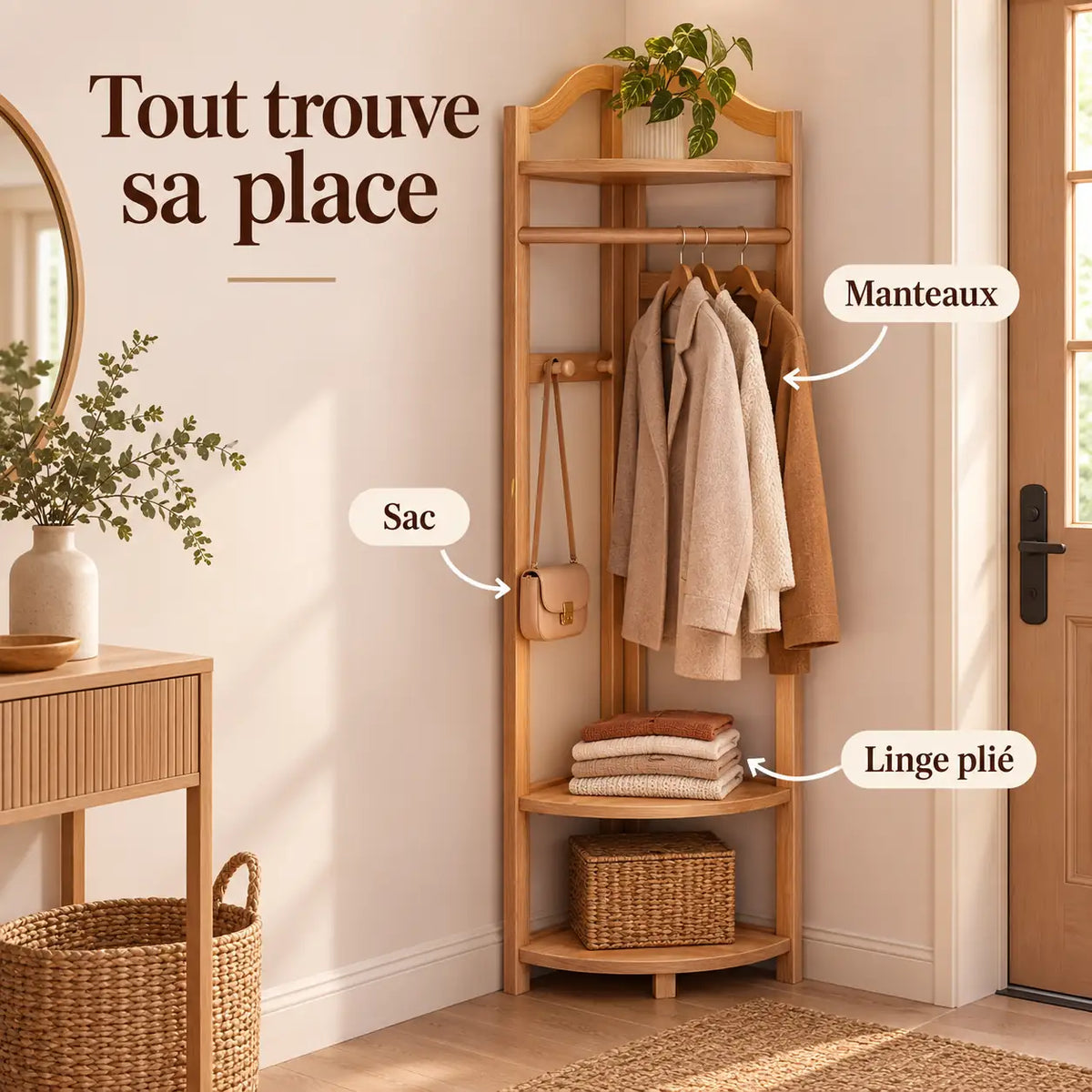 Porte-manteau d'angle bois naturel taille M, 40 × 40 cm, 6 crochets : avec manteaux, sac et linge plié