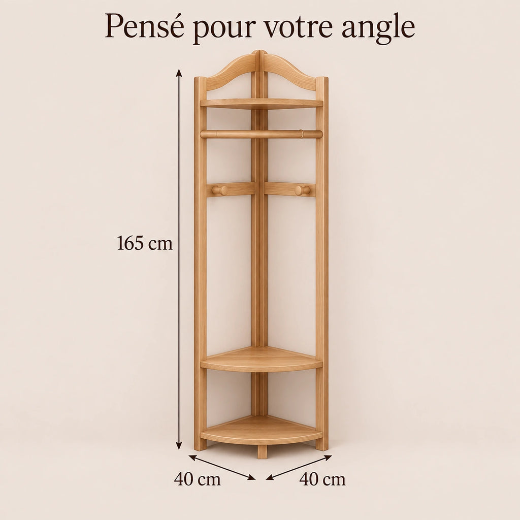 Porte-manteau d'angle bois naturel taille M, 40 × 40 cm, 6 crochets : avec dimensions 165 cm de haut et 40 × 40 cm au sol