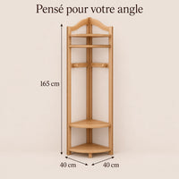 Porte-manteau d'angle bois naturel taille M, 40 × 40 cm, 6 crochets : avec dimensions 165 cm de haut et 40 × 40 cm au sol