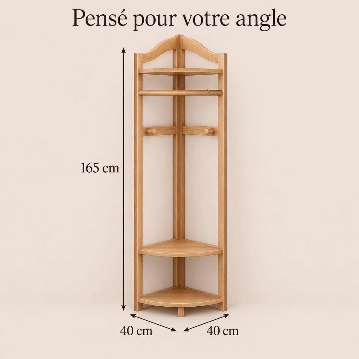Porte-manteau d'angle bois naturel taille M, 40 × 40 cm, 6 crochets : avec dimensions 165 cm de haut et 40 × 40 cm au sol