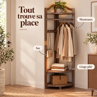 Porte-manteau d'angle noyer taille L, 45 × 45 cm, 6 crochets : avec manteaux, sac et linge plié