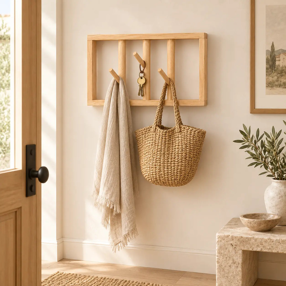 patère murale bois naturel 30 cm 3 patères – dans une entrée contemporaine