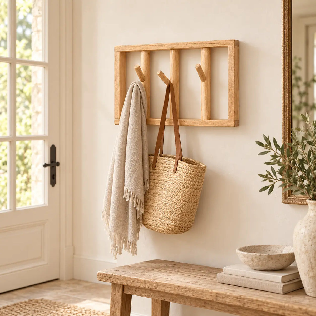 patère murale bois vernis 30 cm 3 patères – dans une entrée contemporaine