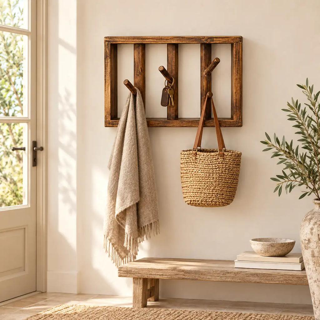 patère murale bois vintage 30 cm 3 patères – dans une entrée contemporaine
