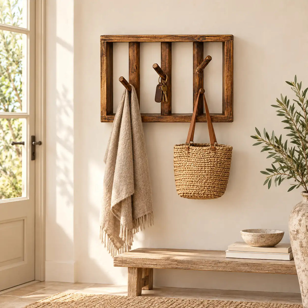 patère murale bois vintage 30 cm 3 patères – dans une entrée contemporaine