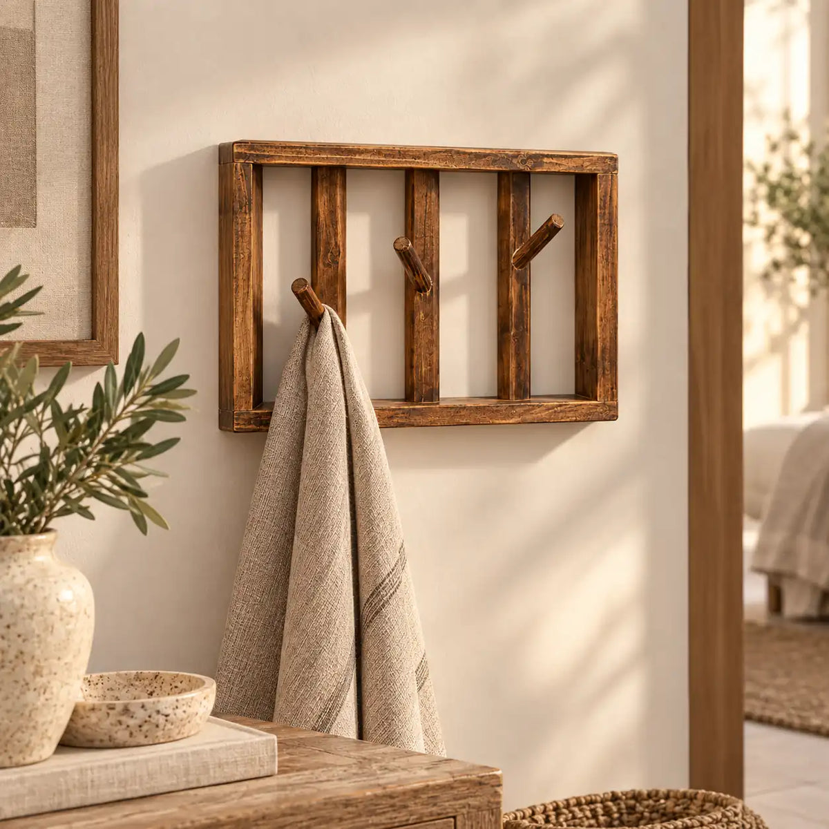 patère murale bois vintage 30 cm 3 patères – mise en situation dans un intérieur