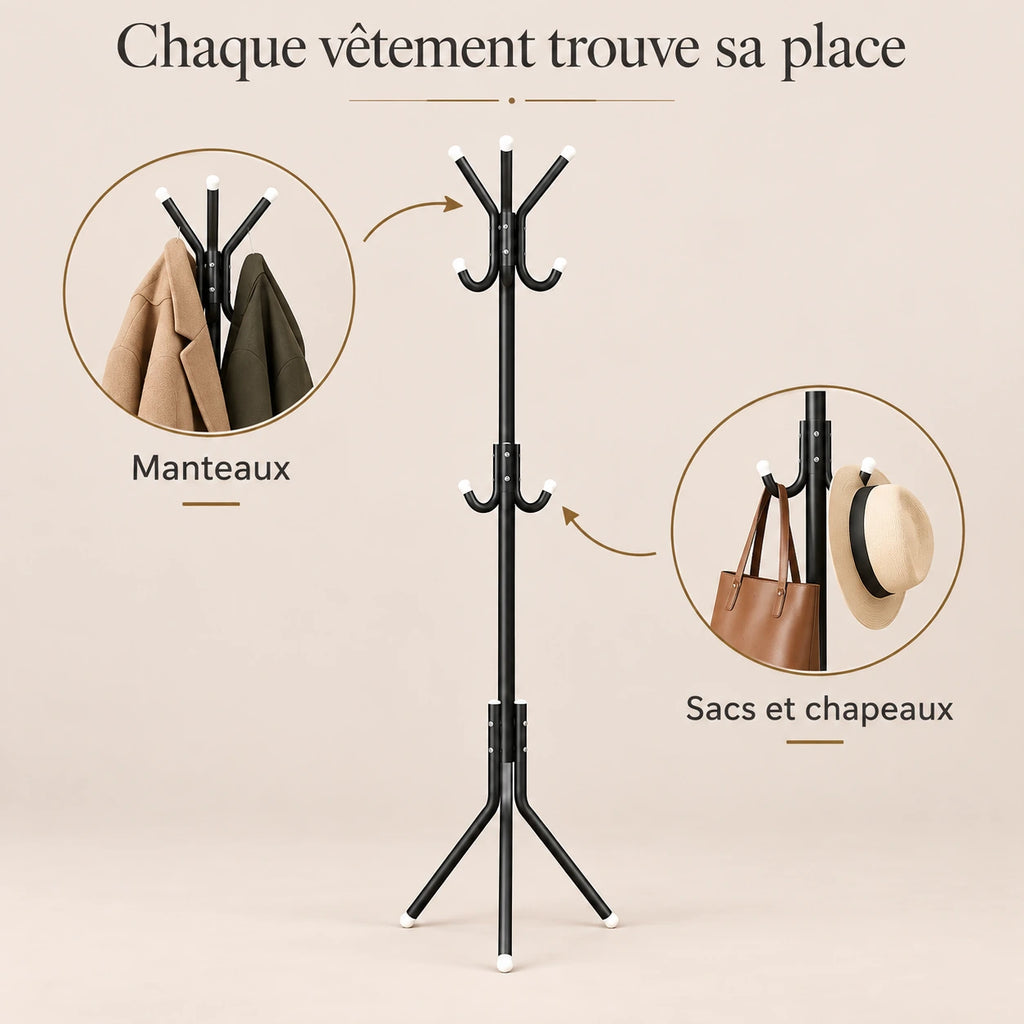 porte-manteau sur pied noir 9 patères 166 cm – utilisation au quotidien