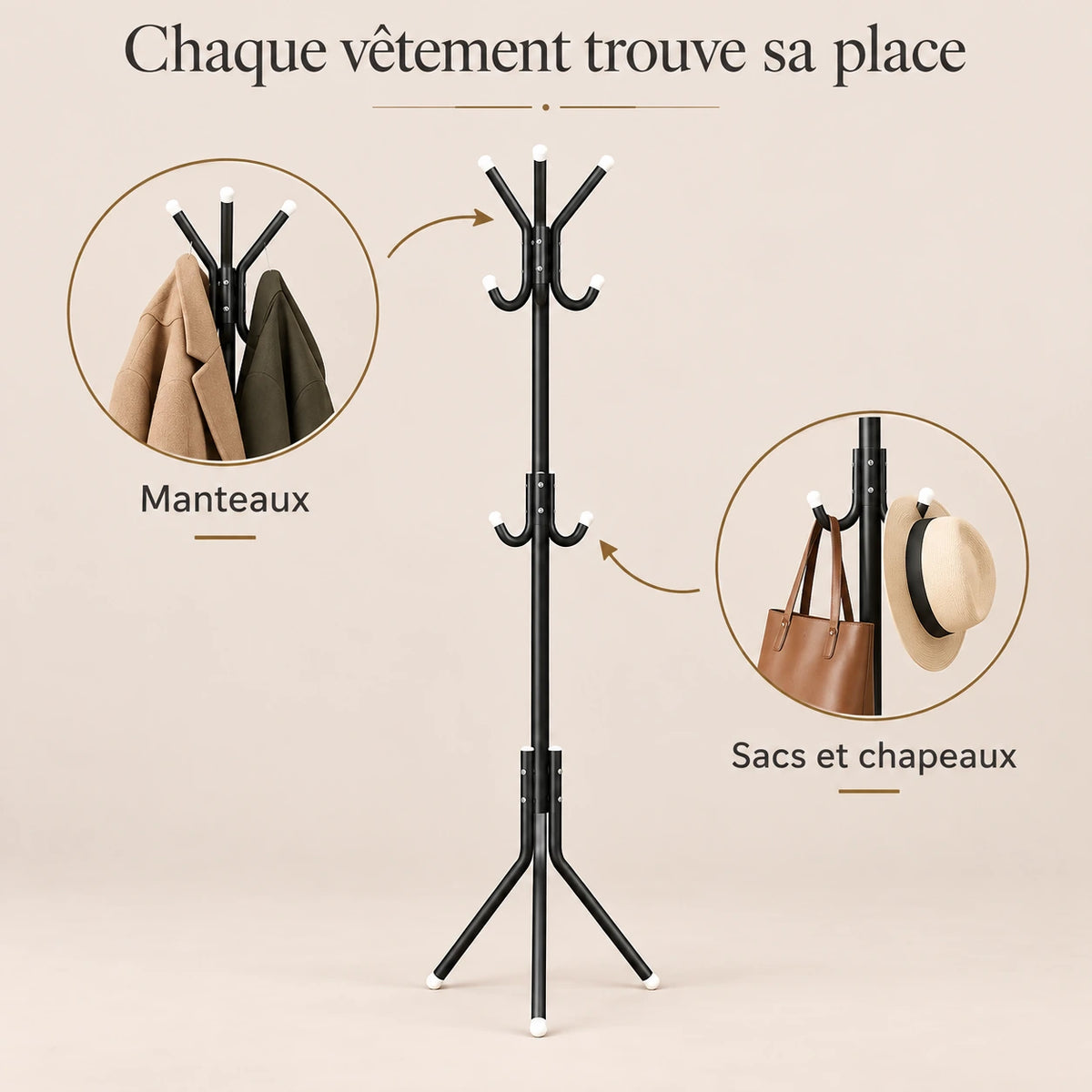 porte-manteau sur pied noir 9 patères 166 cm – utilisation au quotidien